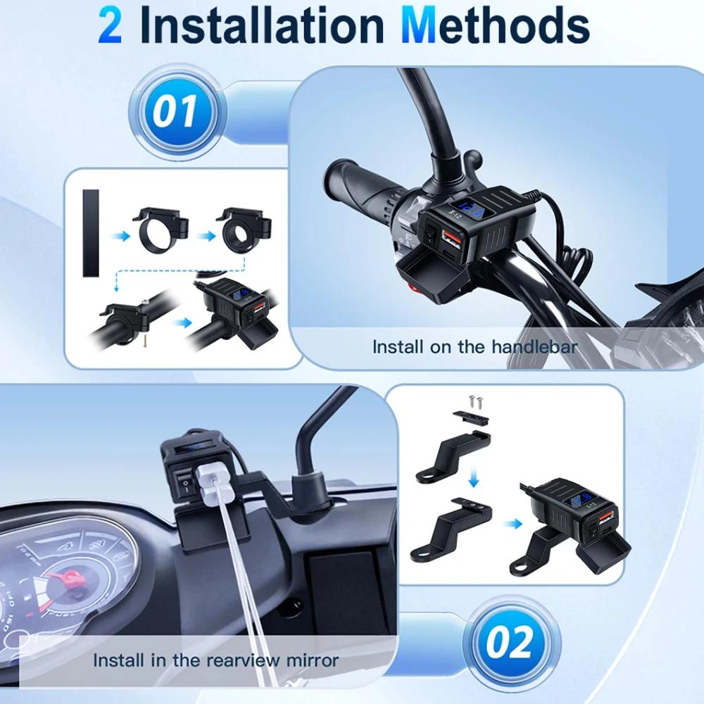 48W PD QC3.0 Motorcycle Charger Dual Ports with Voltmeter & Switch 12V-24V USB Type C Waterproof SAE Handlebar Power Adapter