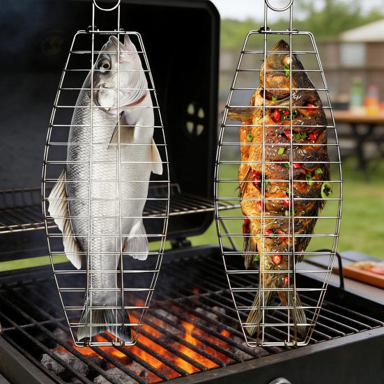 Grilled Fish Basket Stainless Steel Hanging Fish Grill Rack Adjustable Locking Hinges Flipping Fish Grill Tool for Whole Fish & Seafood