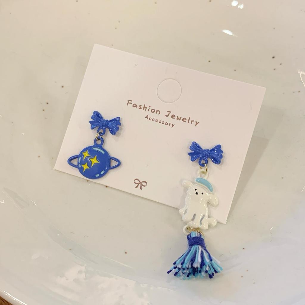 Cute Blue Bear Earrings for Women - Silver Needle Niche Carousel Design