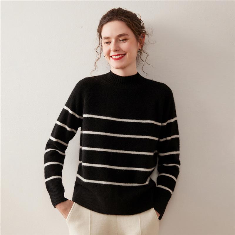 High-Neck Retro Black & White Striped Cashmere Sweater – Women's Long Sleeve Pullover for Autumn & Winter