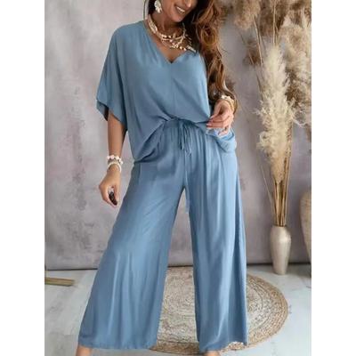 Sommer Zweiteiliges Set Für Damen Lange Hosen Sets V-Ausschnitt Fledermausärmel Lässig Locker Weiter Beinte Hosen 2-teiliges Set Unifarbene Outfits
