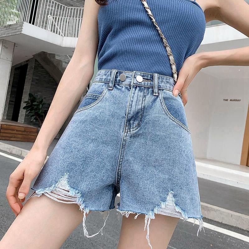 Pants Classic and Minimalist Fashion Versatile Broken Holes Female Loose Wide-leg Thin High-waisted Outside Wear Summer Denim Shorts Individuality