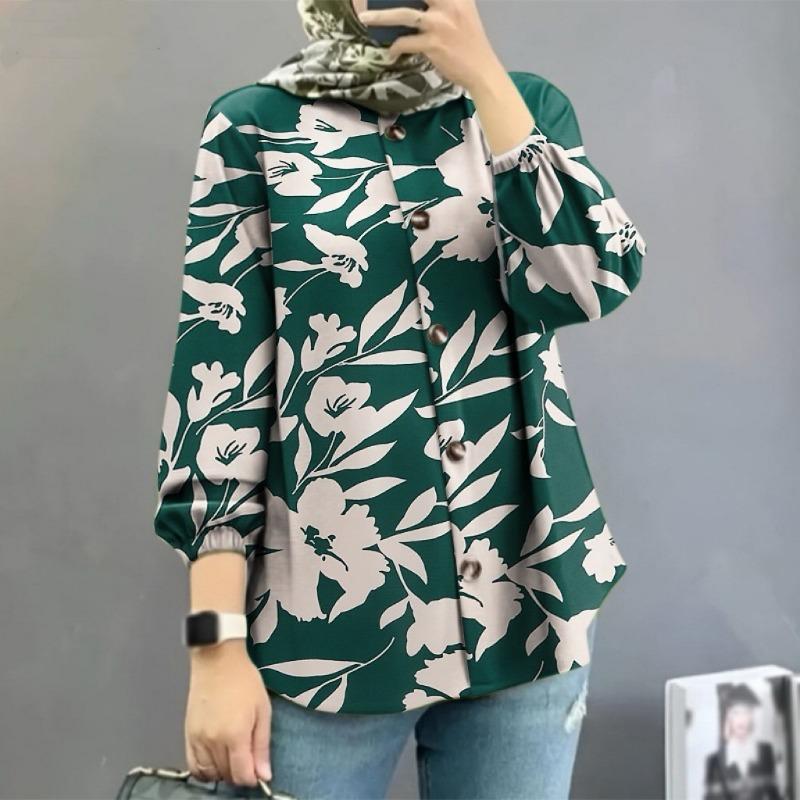 Plus Size Women's New Fashion Puffed Sleeve Floral Shirt