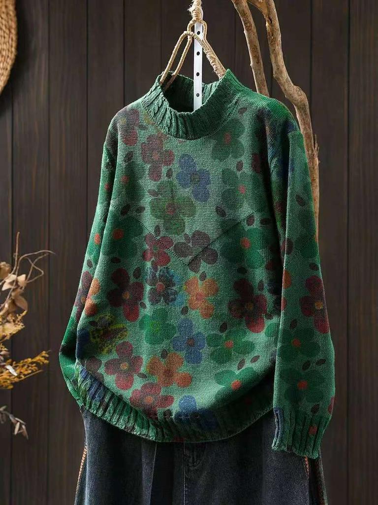 Johnature Suéter holgado estilo chino con estampado de flores y cuello alto para mujer, estilo vintage, informal, de manga larga, a la moda para invierno