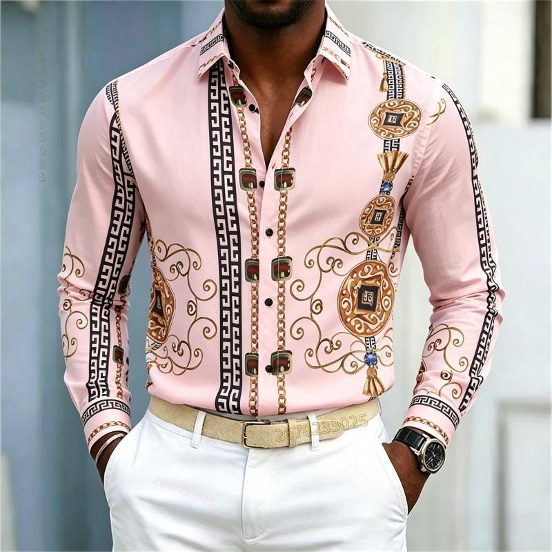 New Men's Shirt Palace Style Shirt Black Gold Pattern Printed Slimming Long Sleeve Shirt Trendy Fashion Casual Men's Wear