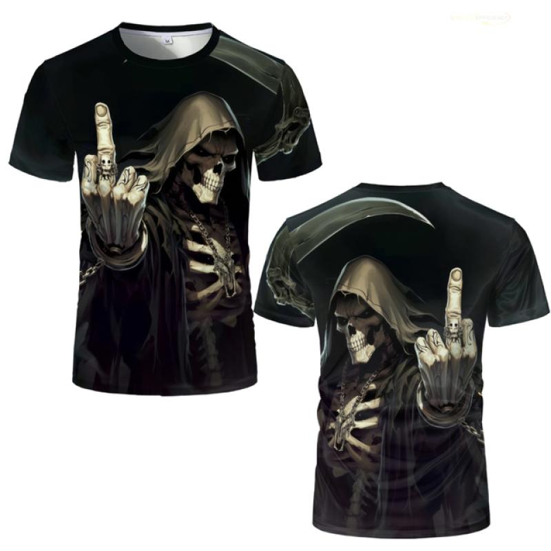 Rebel Skull Gesture Grafisk T-skjorte - Røff Herre Streetwear T-skjorte med 3D-trykk, Mørkt Tema, Myk Polyester S-XXXL Herre T-skjorter