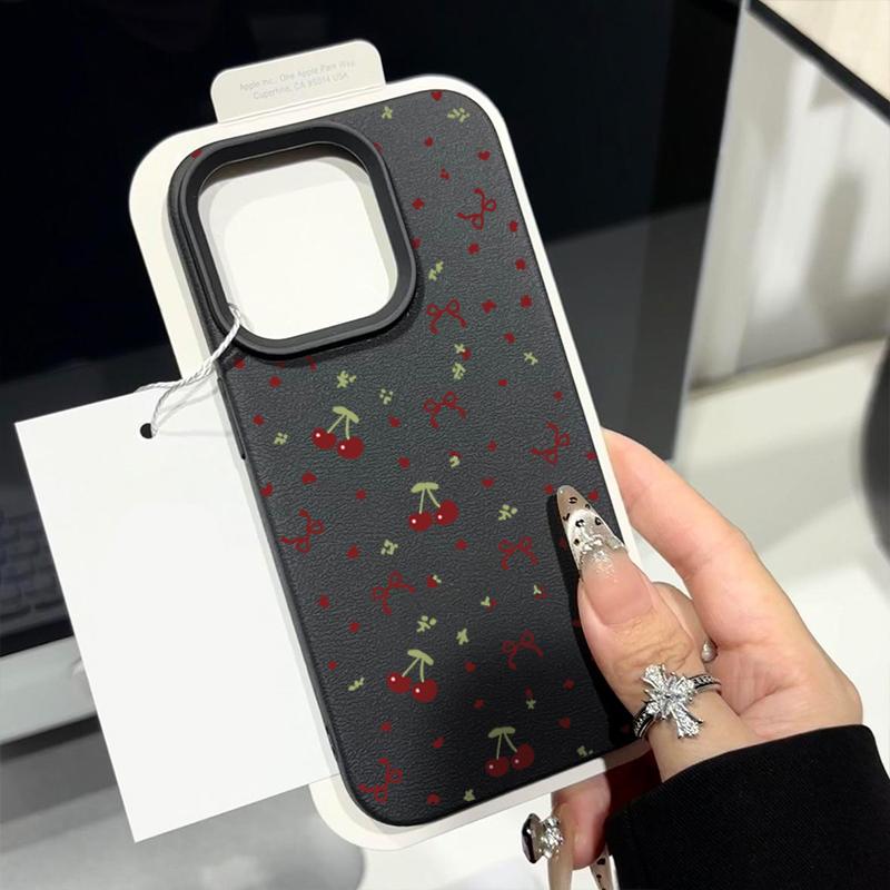 Little Cherry Bowknot Print Soft Matte Case For iPhone 16 Pro Max 15 Pro 14 13 12 11 TPU Leather Texture Shockproof Slim Phone Cover