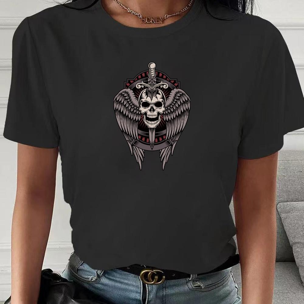 2023 Fashion Trend New T-shirt Skull Printed Female O-neck T Shirt Casual Harajuku Crew Neck  Ladies Tshirt Hip Hop Streetwear