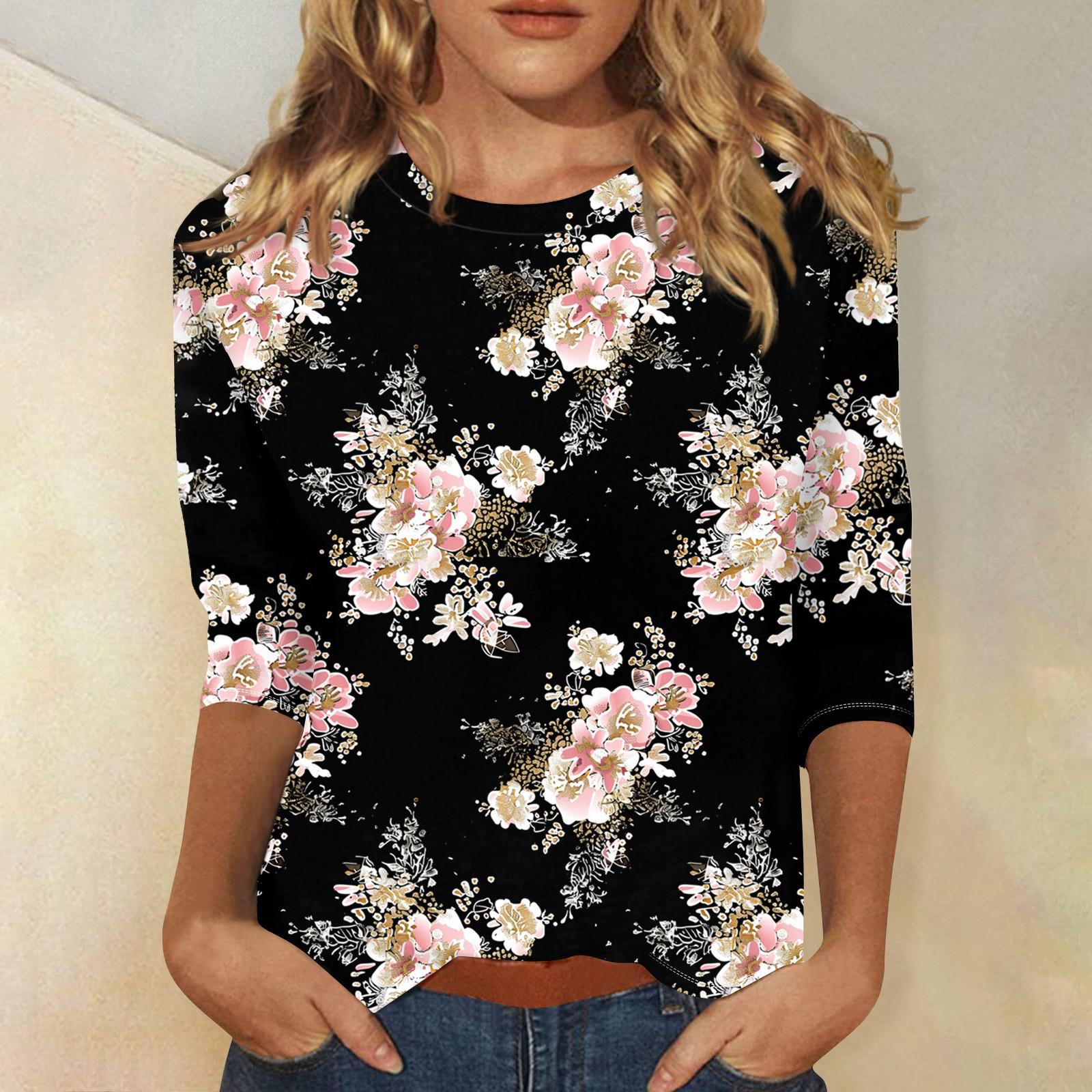 

Женская мода повседневная три четверти рукав винтажный цветочный принт круглый вырез топ M