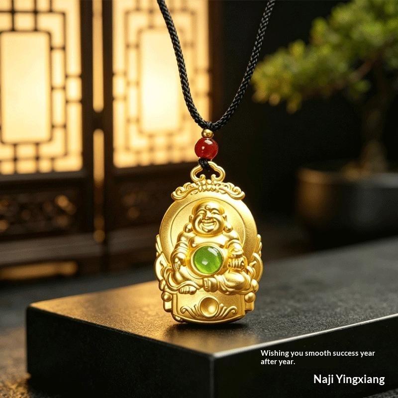 Zinc Alloy Pendant Necklace Auspicious Cloud Decor Border Laughing Monk Statue Charm Jewelry For Daily Wear Gift