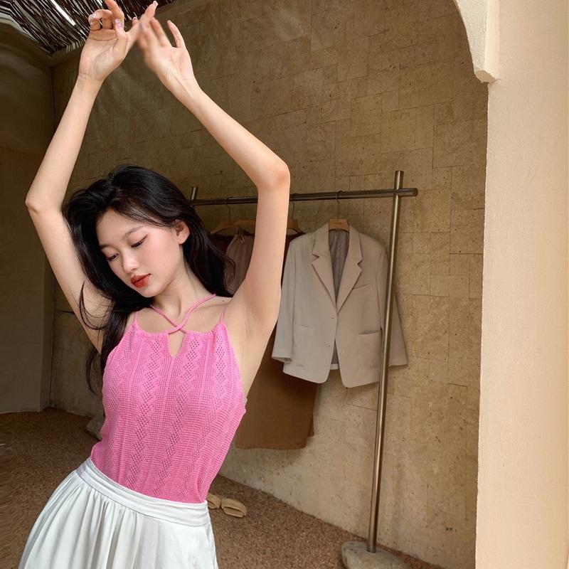 

Женские однотонные вязаные топы на бретельках с лямкой на бретельках, тонкие, с открытым пупком One Size розовый