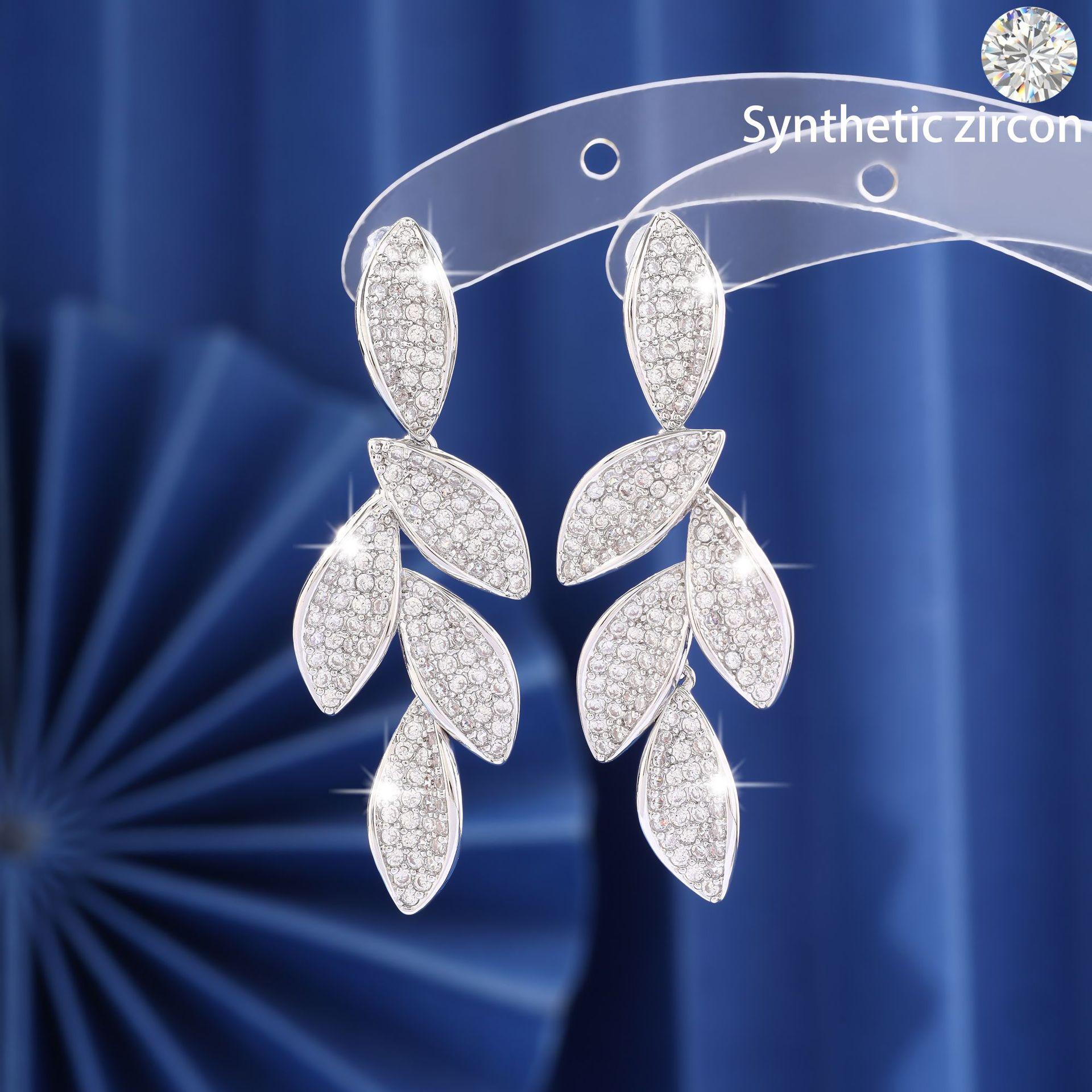 2025 Fashionable Long Leaf Zircon Dangle Earrings - High-End Copper Luxury for Women
