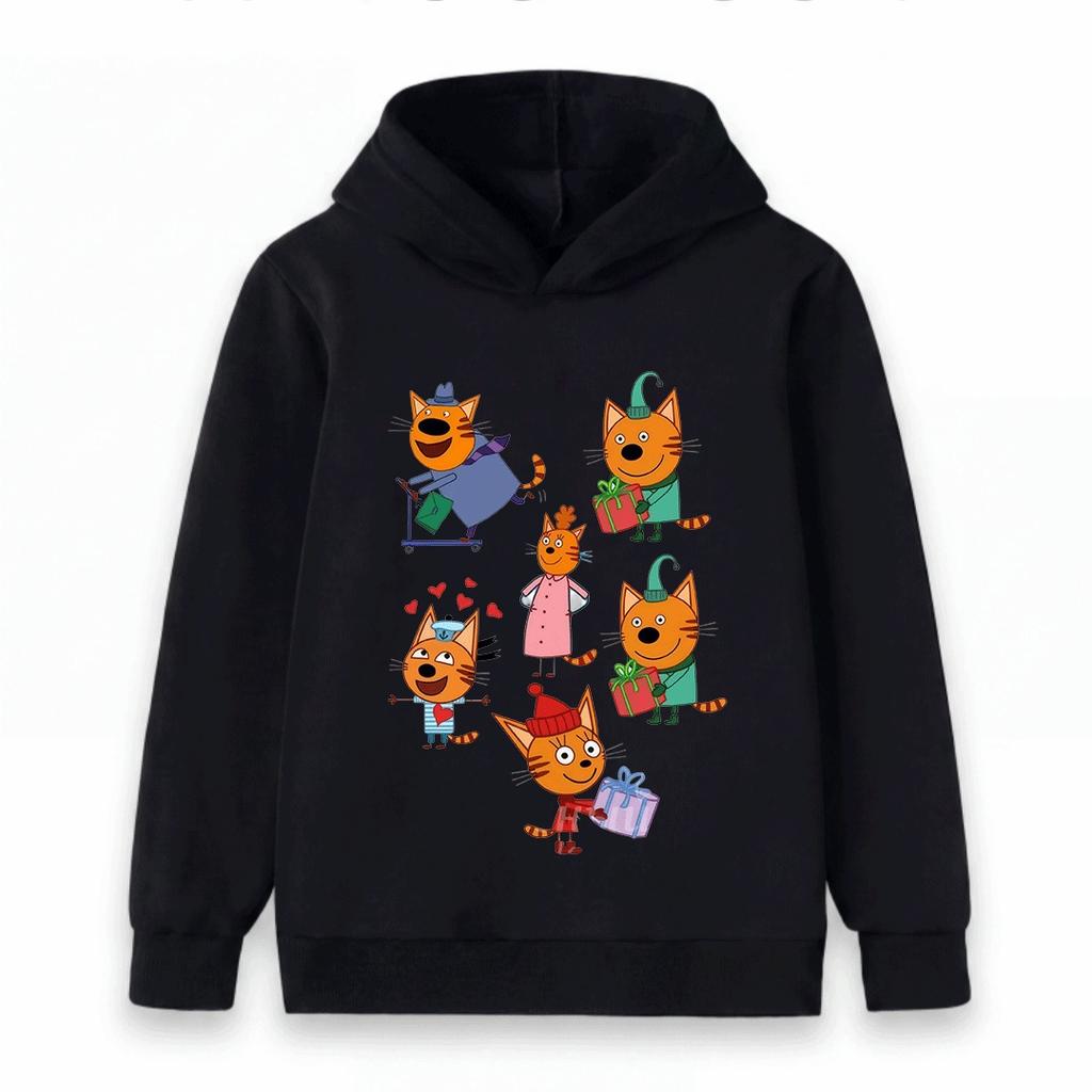 Kids Boys Girls Cartoon Cats Print Hoodie Casual Long Sleeve Pullover Sweatshirt for Daily Holiday Wear