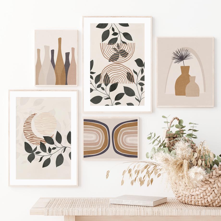 Boho Leaf Vase Sun Moon Rainbow Abstract Posters And Prints Canvas Painting Nordic Wall Art Pictures Living Room Home Decor