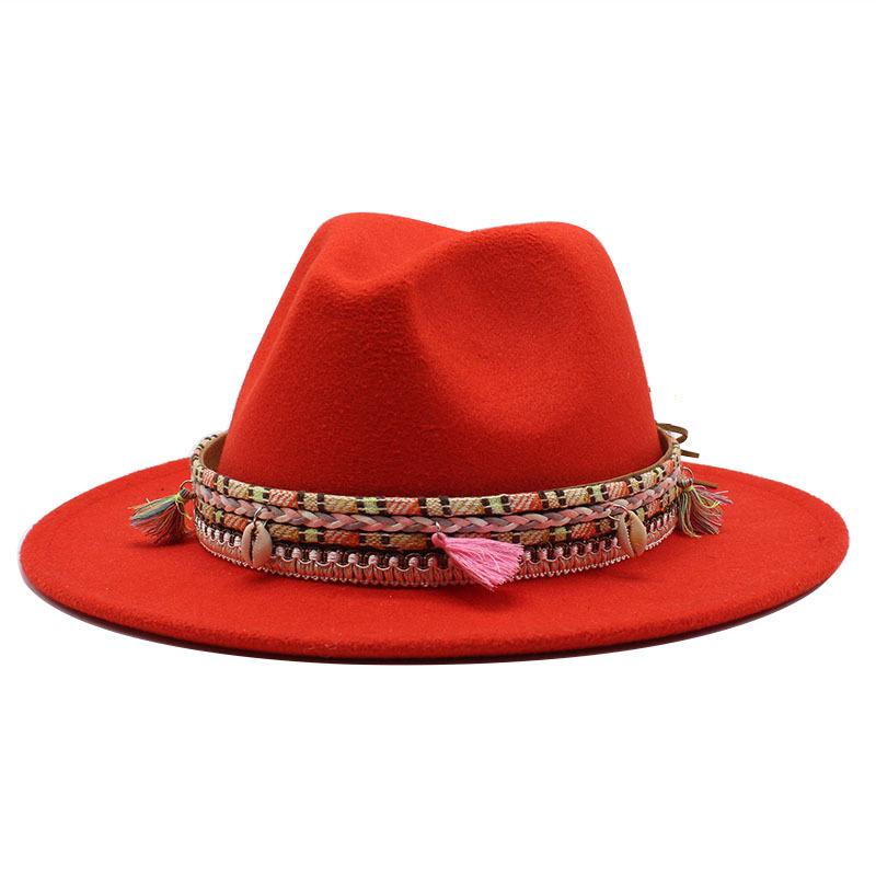 Woolen Top Hat, Fringed Minority Style Jazz Hat, Retro Flat-Brimmed Big Eaves Hat.