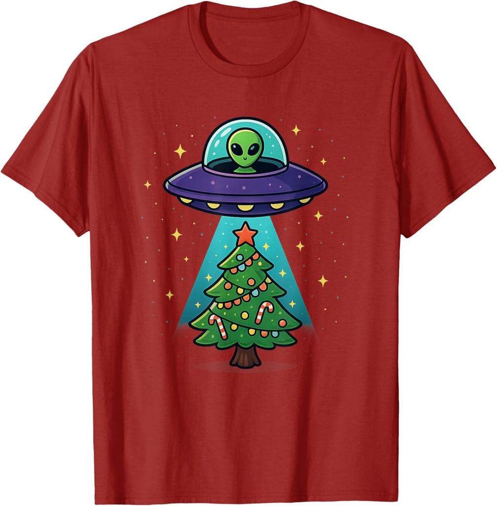 Alien UFO Abduction Christmas Tree Graphic Tee Funny Holiday Casual Cotton T-Shirt