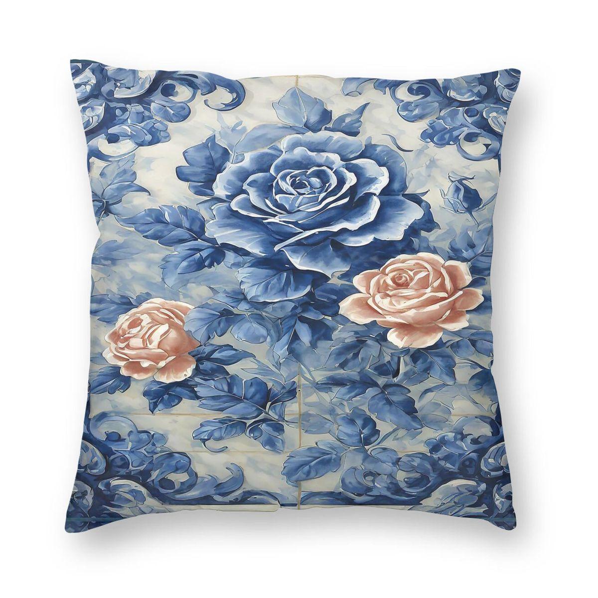 Dutch Delft Blue Roses Square Pillowcase Polyester Linen Velvet Pattern Zip Decor Throw Pillow Case Home Cushion Cover Peach skin 18*18(CM)-1Pcs