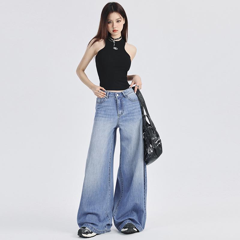 Women's Dark Blue High-Waist Wide-Leg Jeans 2024 - American Style Palazzo Pants for Summer