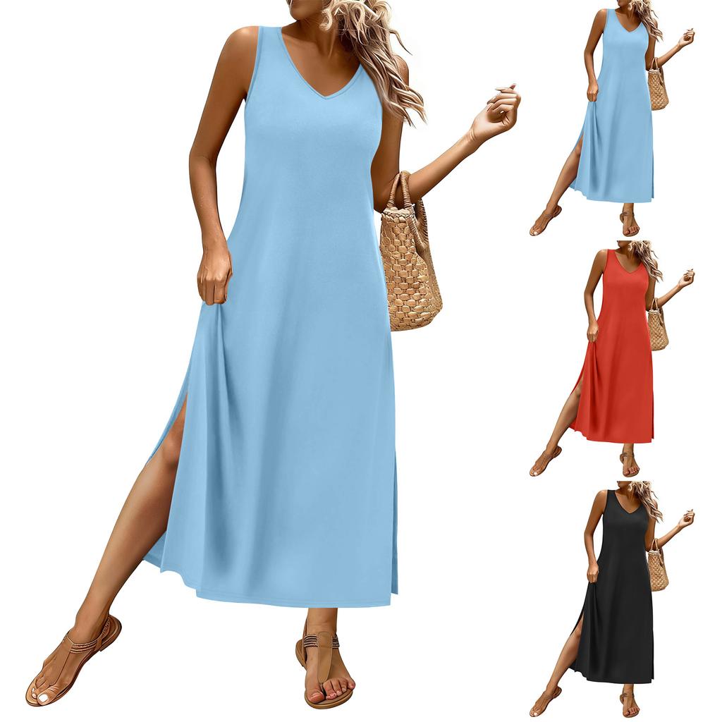 Vestidos de Verano Para Mujer Vestidos Largos Fluidos Línea A Sin Mangas Vestidos de Sol Con Bolsillos