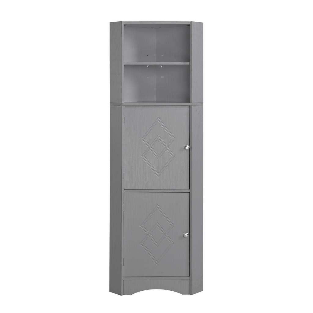 Badezimmerschrank, Eckschrank mit zwei Staufächern, Offenes Fach mit verstellbarem Einlegeboden, 36,5 x 36,5 x 155 cm, Hellgrau