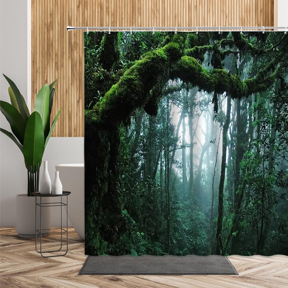 Green Jungle Shower Curtain Summer Forest Tree Bathroom Bath Decoration Home Decor Natural Landscape 3D Living Room Curtains Set