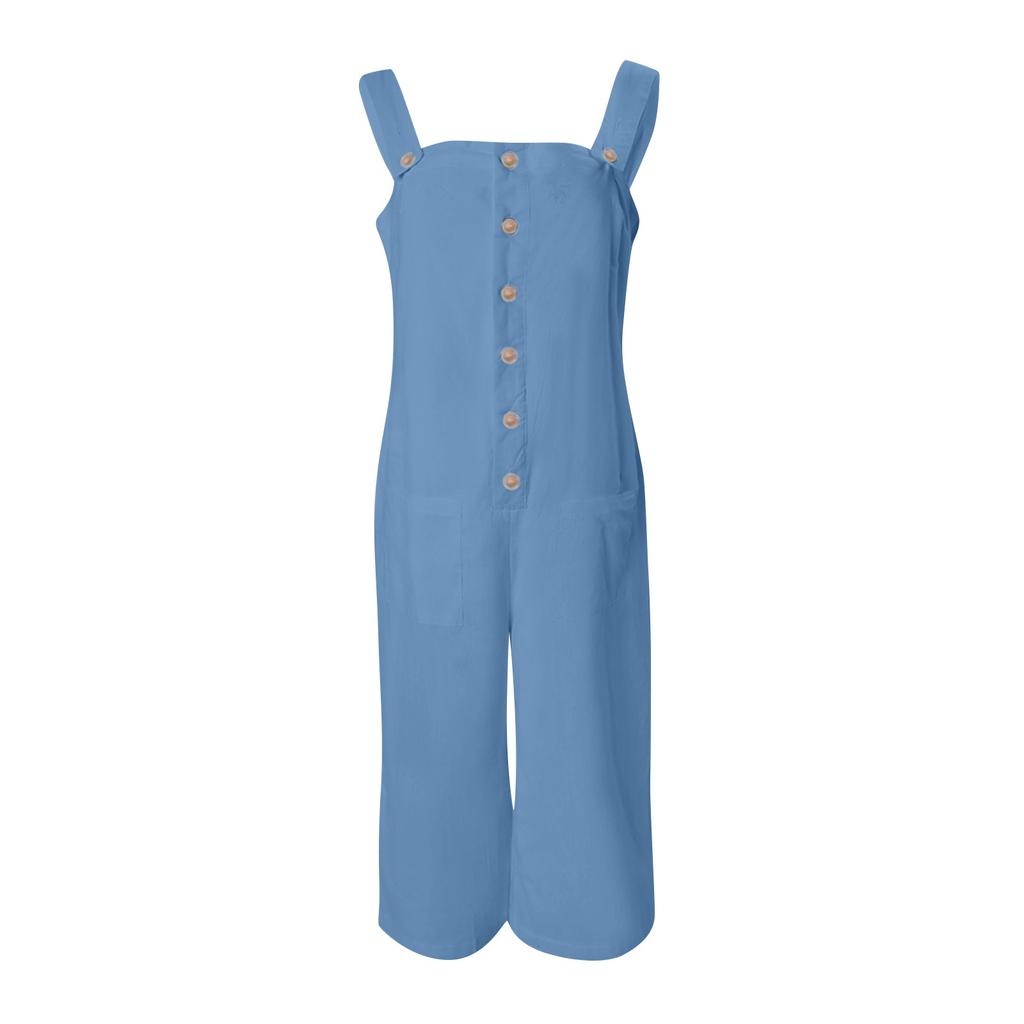 Lässiger, ärmelloser Capri-Jumpsuit mit weitem Bein und lockerem Knopf für Damen und Taschen