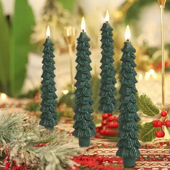 4 Pcs Christmas Tree Flameless Taper Candles Green LED Candlestick with 3D Flickering Flame for Xmas Home Decor