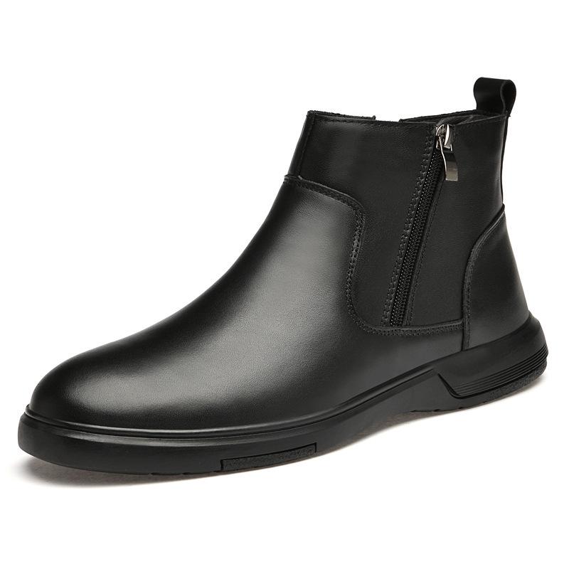 Men s Slip-On Mid-High Martin Boots - Autumn/Winter Cowhide Leather, Plush Lining, Zipper, Size 46 41