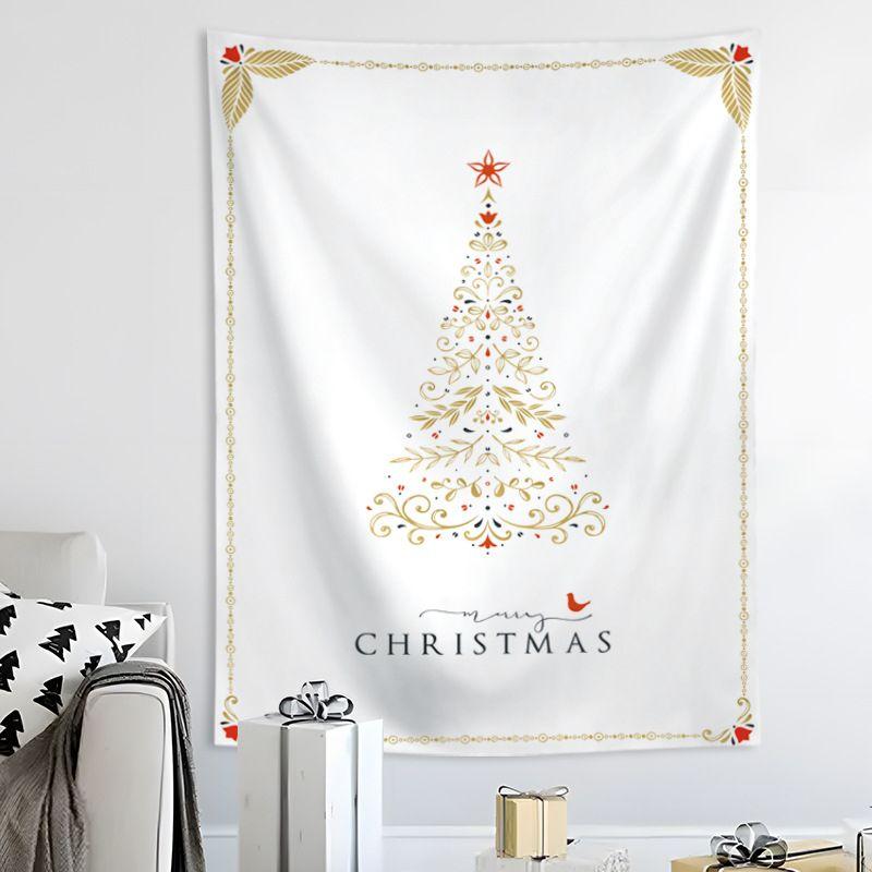 White Gold Floral Christmas Tree Wall Tapestry Merry Text Bird Leaf Ornament Elegant Minimalist Holiday Aesthetic Home
