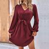 Women Spring Solid Color V Neck Long Sleeve Lace Up All Match Chic Dresses