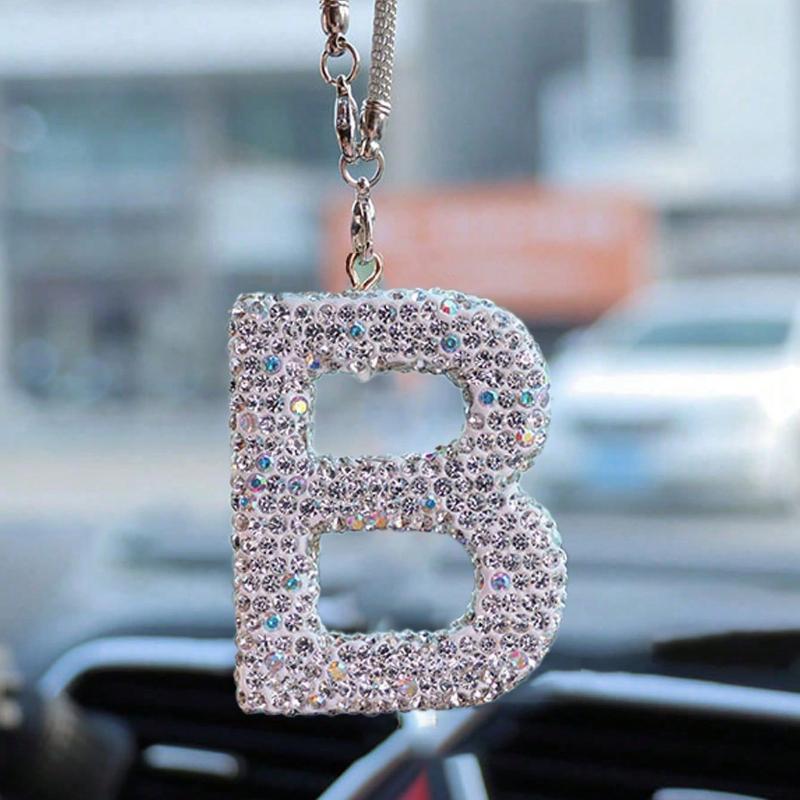 1pc Rhinestone A-Z Letter Car Rearview Mirror Pendant, Car Interior Decor