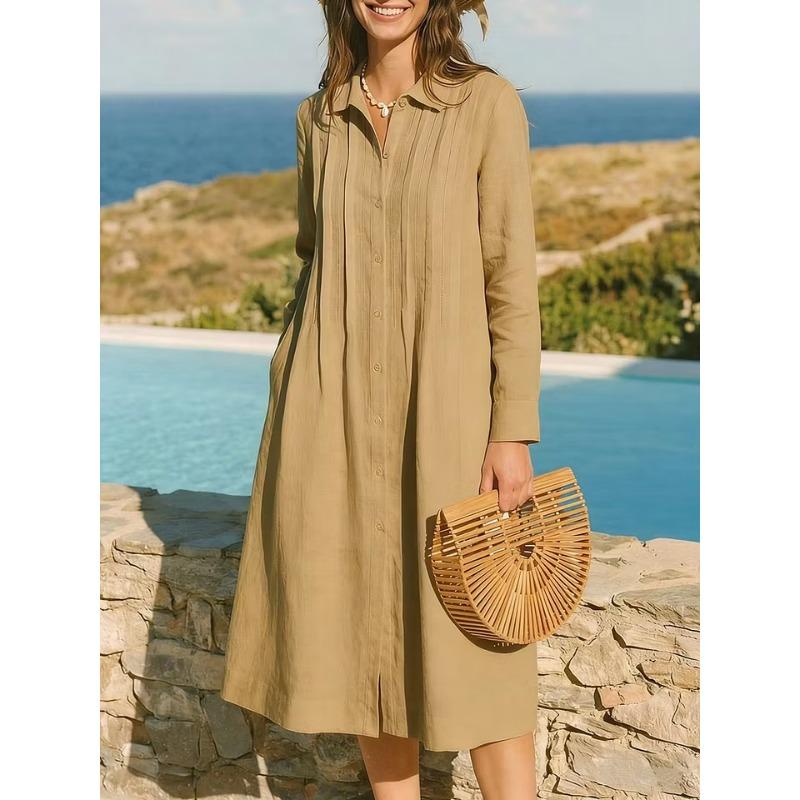 JPNTKY Fashion Summer Spring Solid Color Print Long Sleeve POLO Neck Casual Dresses