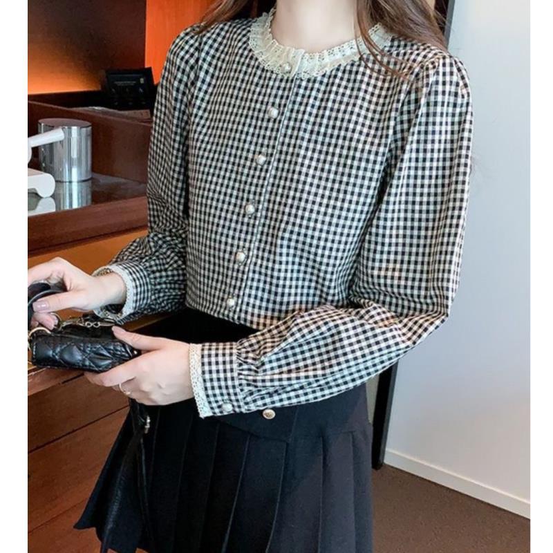 French Retro Plaid Long Sleeve Shirt - Women's Stylish Round Neck Button-Up