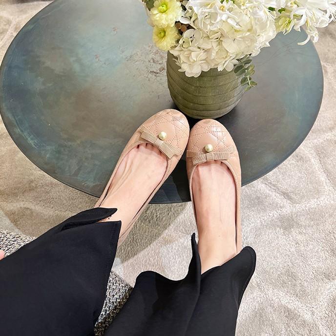 Sheepskin French Bow Genuine Leather Mary Jane Shoes Women's Shallow Mouth Single Shoes Pearl Ballet Flats Soft-soled Ladyshoes