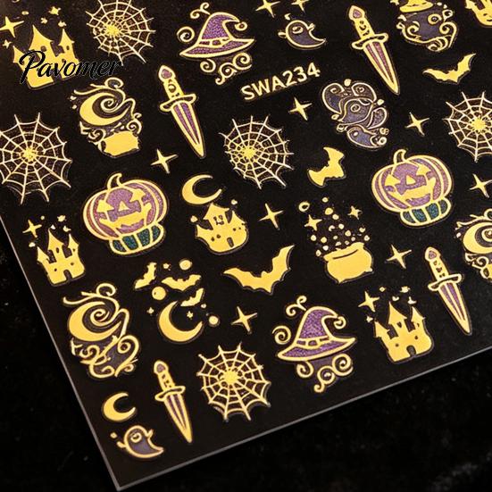 Suministros para Salón de Uñas Pegatinas de Arte 3D de Halloween, Calabaza Metálica Dorada, Fantasma, Telaraña, Decoraciones Fáciles de Aplicar, Pegatinas de Sombrero de Bruja, Autoadhesivas