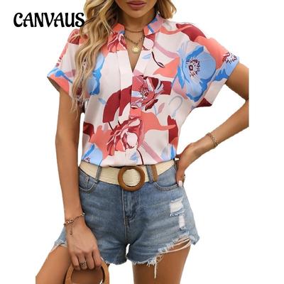 Women's Summer Shirt Fashion Painted Floral Printed V-Neck Short Sleeve Top