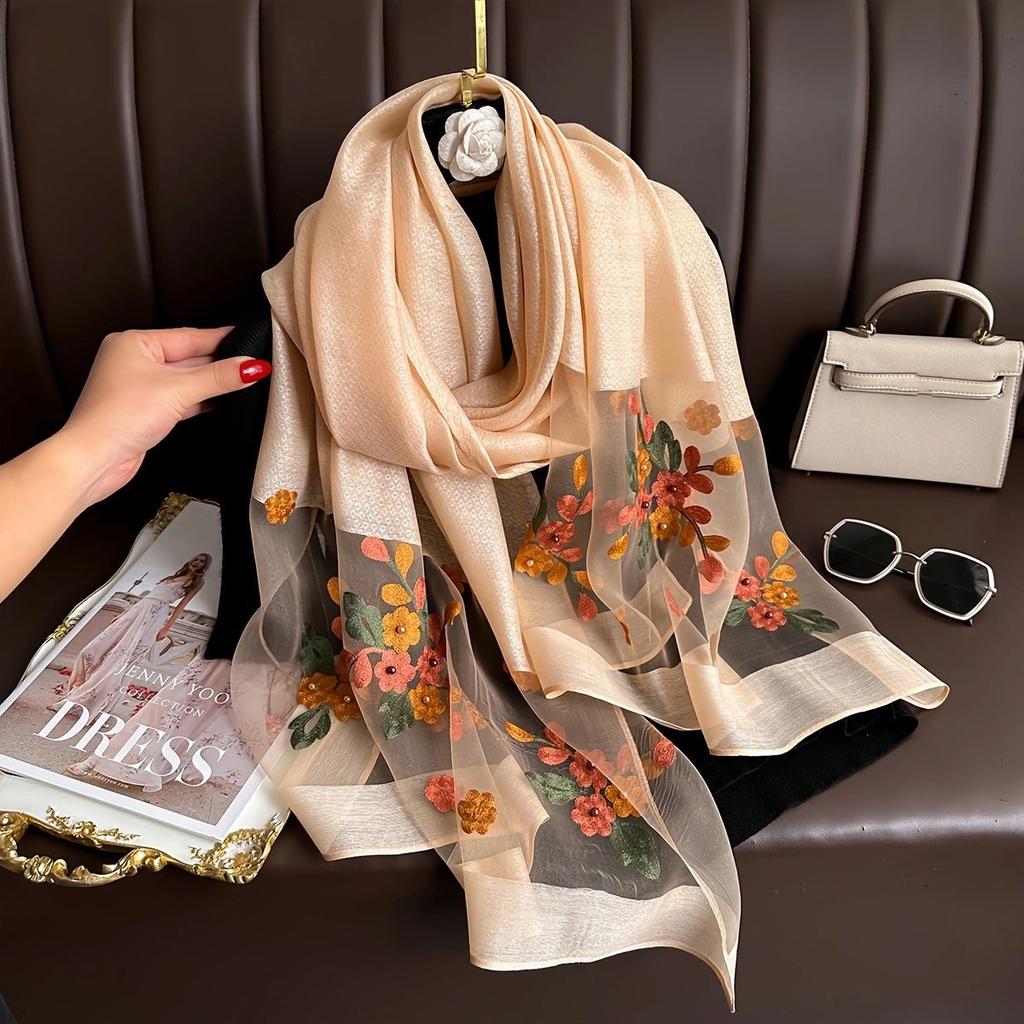 1 PCS Spring and Autumn New Nail Bead Silk Scarf Women's Elegant and Versatile Embroidered Begonia Flower Long Scarf Summer Scar