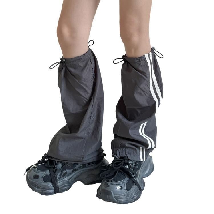 Women Harajuku Side Double Striped Cargo Leg Cover with Drawstring Motorcycle Baggy Footless Socks Leg Warmer Gaiters серый