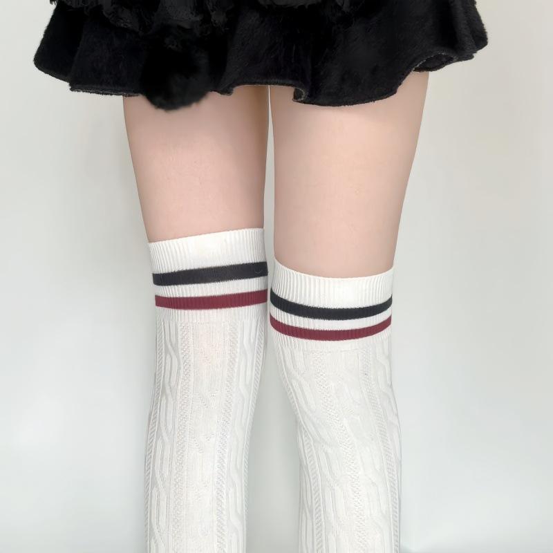 College Style Stockings, Women'S Two-Bar Twist Stacking Socks, Japanese And Korean Striped Stockings Over The Knee Socks