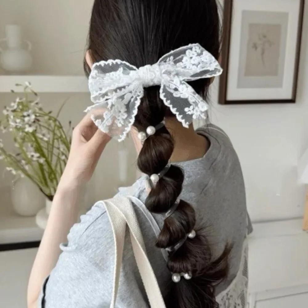 Lace Bow Bead Bubble Braid Hair Braiding Tool Elastic Hair Ties with Beads Side Ponytail Hair Ornament Styling Accessory Girls