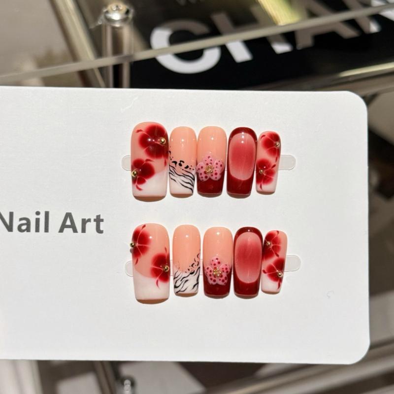 10Pcs Red Floral Press on Nails - 3D Flower  Zebra Print Square Fake Nails XS