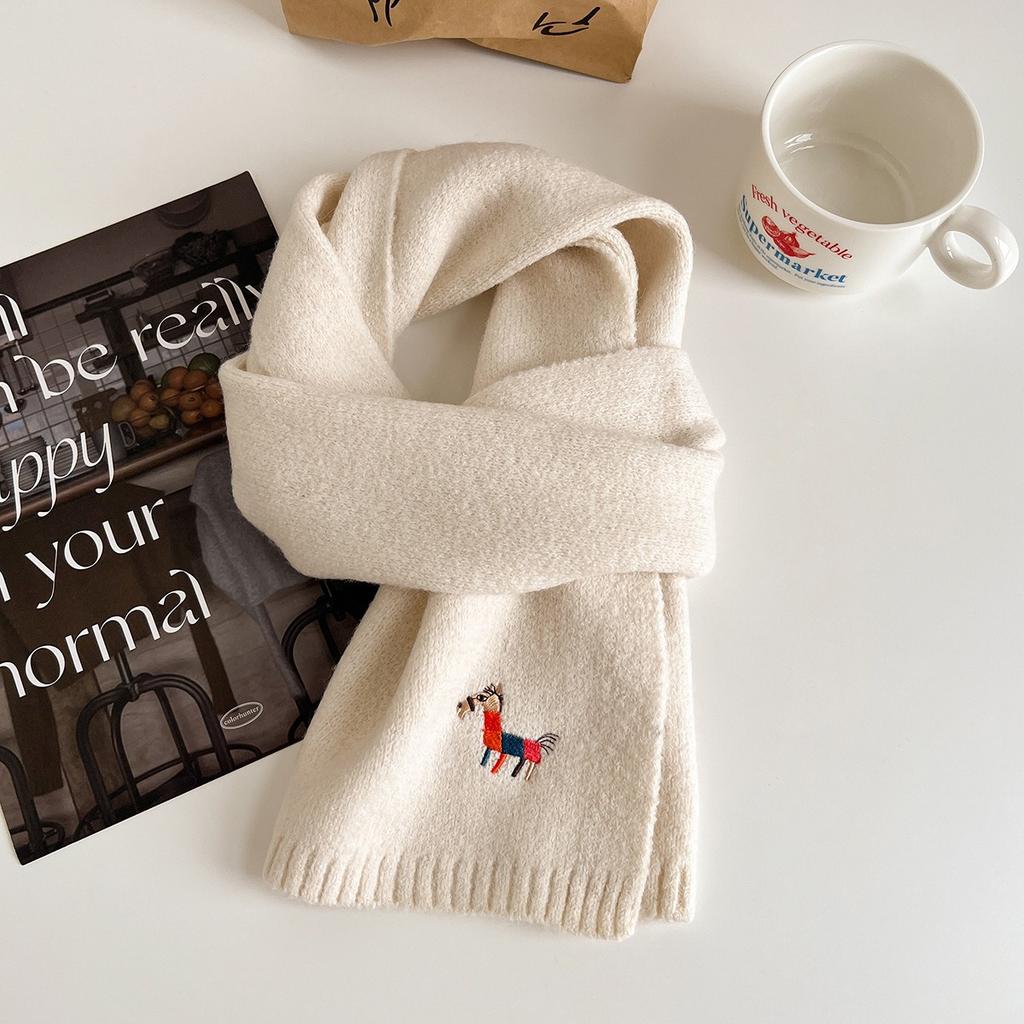 Autumn Knitted Pony Cute Wool Scarf for Women Thickened and Warm Korean Style Scarf Versatile Pony Embroidered Small Scarf