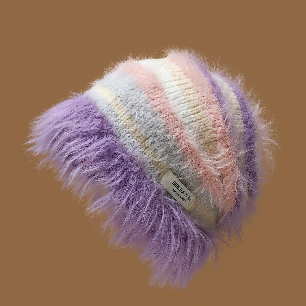 New Winter Dopamine Color Striped Wool Hat for Women Fashion Warm Face Showing Small Knitted Pile Hat