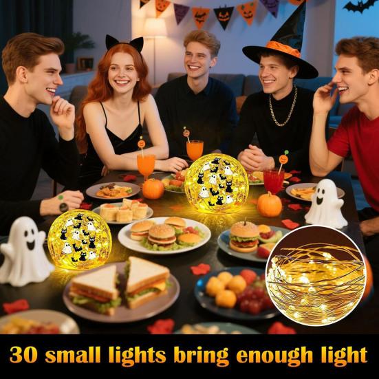 Crackle LED Glass Ball Lamp Halloween Ghost Bat Cat Cracked Ball Light with Warm Light for Halloween Walkway Path Garden Tabletop Decor