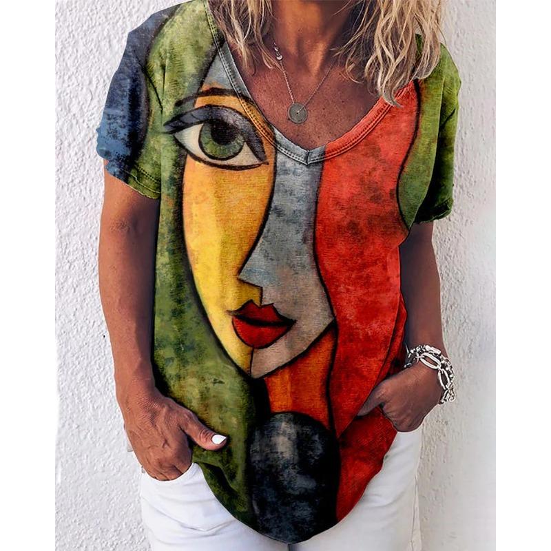 Summer Casual V-Neck Rainbow Printed Short Sleeve Women's T-Shirt Top