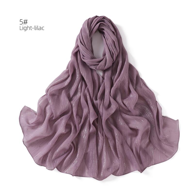 175*70cm Islamism Solid Color Silver Wire Diamond Chiffon Scarf Muslim HIjab Wrinkles Women's Headscarf Shawl Ramadan