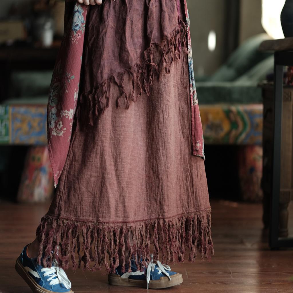 Johnature Women Vintage Skirts Elastic Waist Solid Color Autumn Patchwork Tassel A-Line Female Skirts
