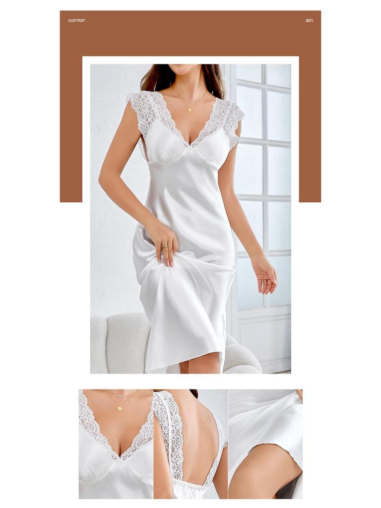 Yaoting Women's Ice Silk Pajamas - Long Sexy Camisole Nightgown for Summer and Autumn