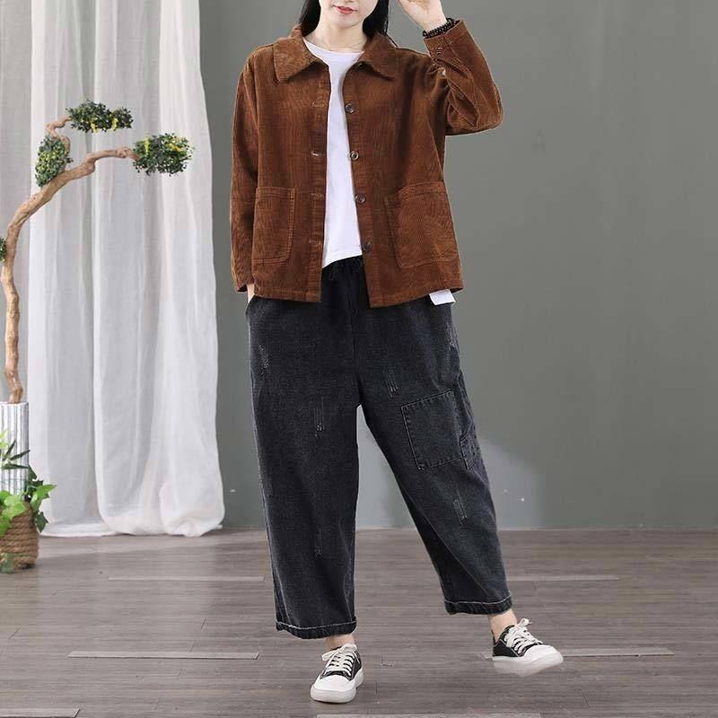 Women's Corduroy Solid Color Fashion Jacket Short Loose Korean Style Retro Versatile Casual Jacket Outer Wear Top