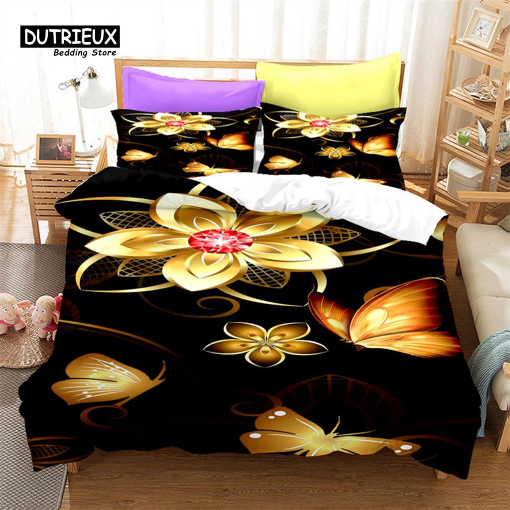 Comforter Golden Butterfly And Floral Bedding Set Queen Print Black For Kids Girls Boys Adults Bedroom Decor